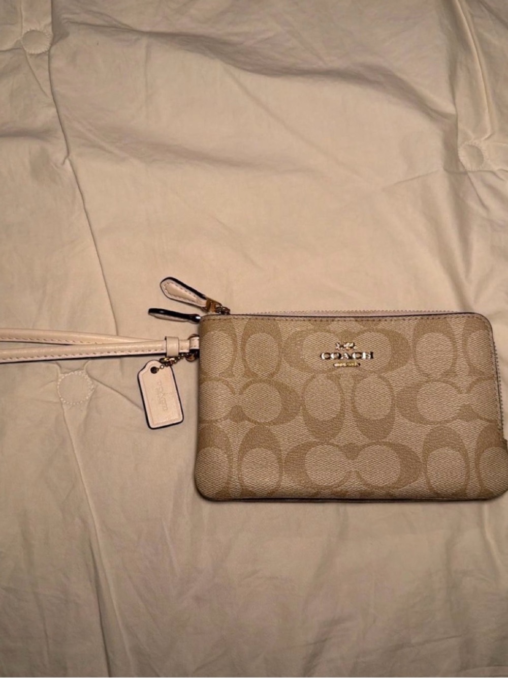 Coach Beige Signature Canvas Wristlet with Pale Pink Trim